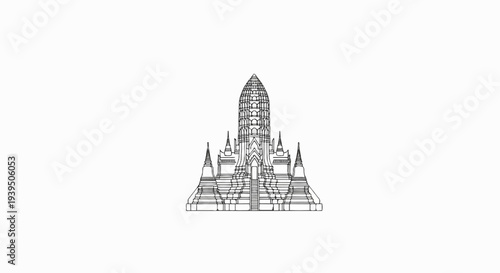 Ornate, multi-tiered religious structure with a central spire and surrounding smaller towers