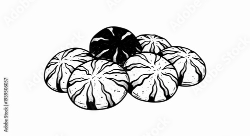 Pile of striped, rounded objects, one black, rest white