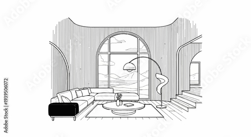 Modern living room with arched window, sofa, coffee table, and stairs