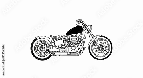 Detailed line drawing of a classic motorcycle with a black fuel tank