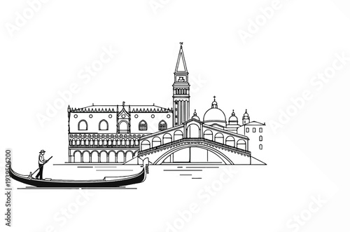 Line art illustration of a gondola and iconic Venetian bridge with buildings