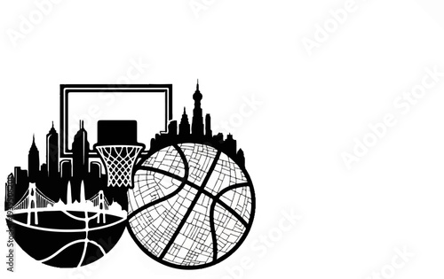 Silhouette of city skylines and basketballs with urban textures