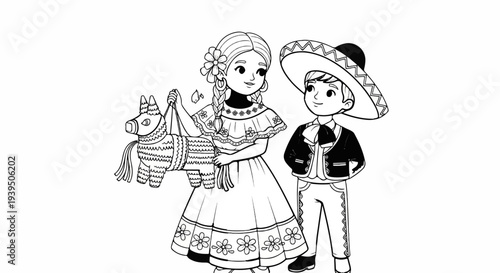 Line art of two children, a girl holding a piñata and a boy in a sombrero