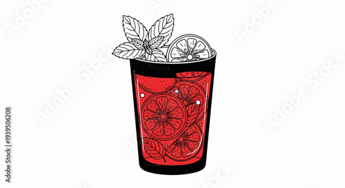 Red drink with citrus slices and mint leaves in a glass