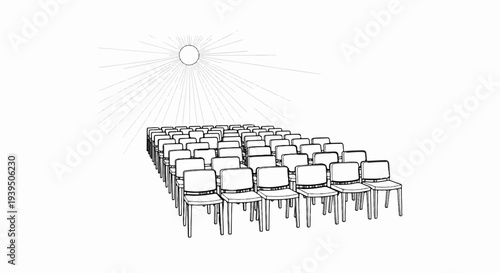 Rows of empty chairs face a radiating sun symbol in a minimalist drawing