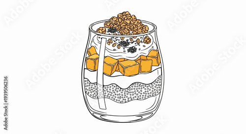 Layered parfait in glass with fruit, granola, and creamy filling