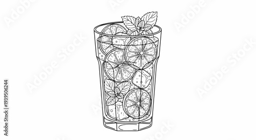 Refreshing glass of iced citrus drink with mint leaves and slices