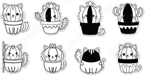 Eight cute cartoon cat-shaped cacti in pots, some are black and white