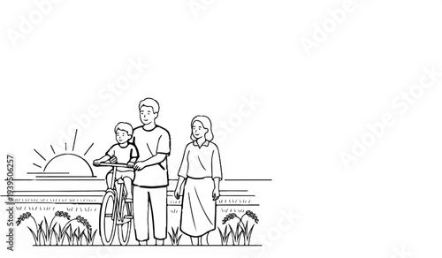 Family enjoys a bike ride at sunrise amid golden rice fields