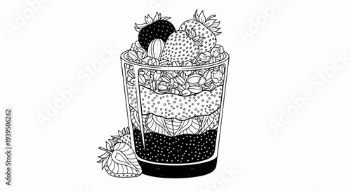 Layered parfait in a glass with strawberries and granola