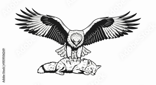 Eagle with outstretched wings stands over sleeping fox