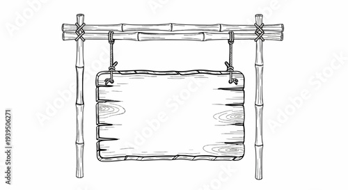 Rustic wooden sign hanging from bamboo poles by ropes
