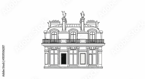 Elegant building facade with mansard roof and decorative statues