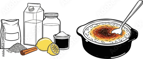 Ingredients and a prepared dessert with a spoon