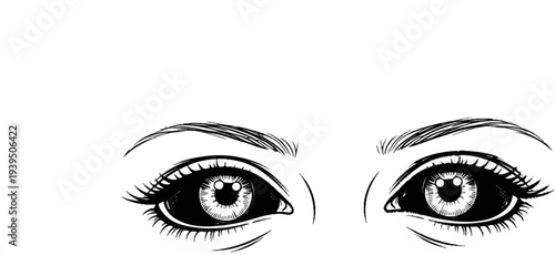Striking black and white illustration of a pair of expressive eyes with detailed irises