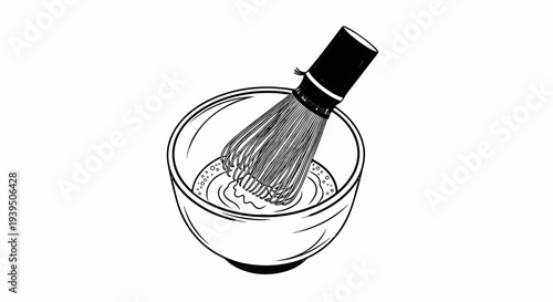 Hand drawing of a whisk in a bowl of foamy liquid