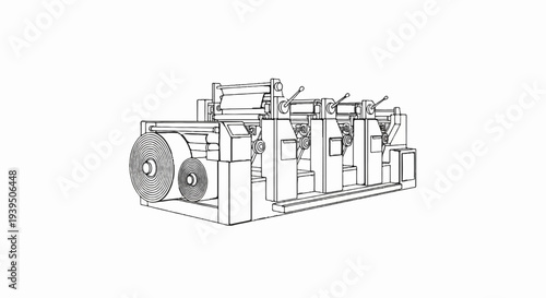 Industrial printing press with multiple ink rollers and large paper rolls