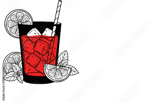 Hand-drawn red drink with ice, citrus slices, mint, and striped straw