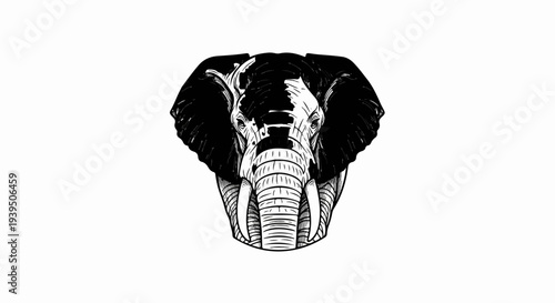 Striking black and white illustration of an elephant's head from the front