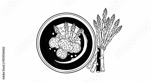 Hand-drawn sketch of asparagus spears arranged with sliced rounds on a dark plate