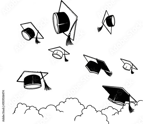 Graduation caps tossed into the air against a cloudy sky