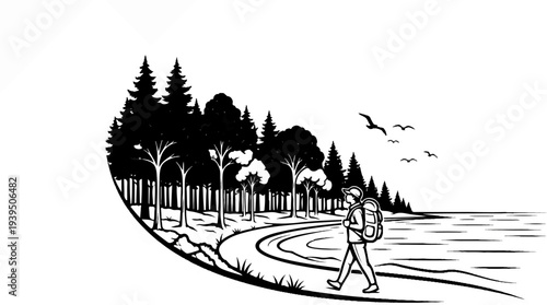 Hiker with backpack walks on a path near trees and water