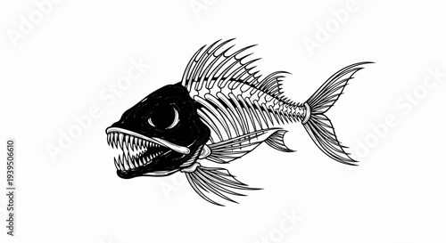 Fierce black fish skeleton with sharp teeth and spiny fins