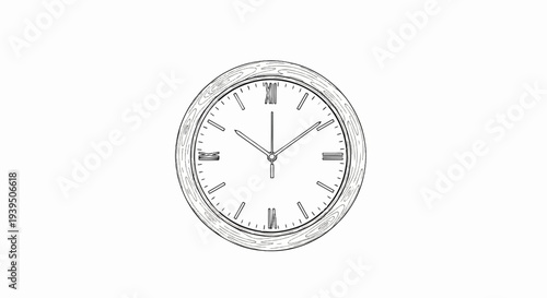 Stylized illustration of a round analog clock face with Roman numerals and a wood grain texture