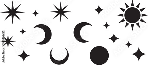 Collection of geometric shapes on white background. Abstract black color icon element of star, sparkling, different shapes, moon, sun silhouette icon set
