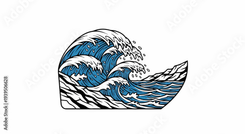 Stylized illustration of ocean waves crashing against rocky shores