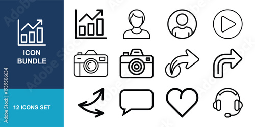 A collection of twelve basic outline icons featuring social media, communication, and user interface elements for digital design projects.