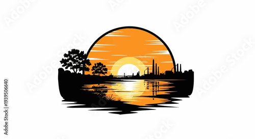 Industrial silhouette reflected in water under an orange sunset