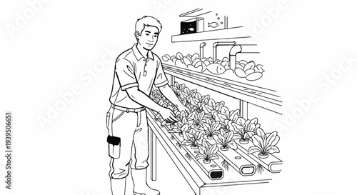 Farmer tending to rows of leafy greens in an aquaponic system with fish