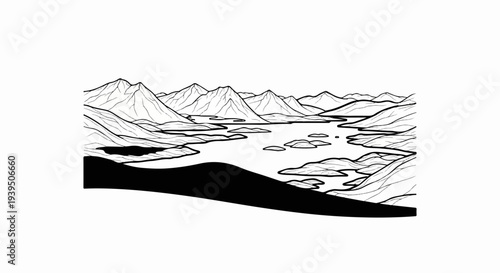 Stylized ink drawing of a vast mountainous landscape with a lake