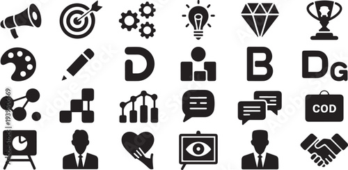 Containing marketing, product, brand value, design, logo, brand development, social media, advertising and loyal customers silhouette icon set