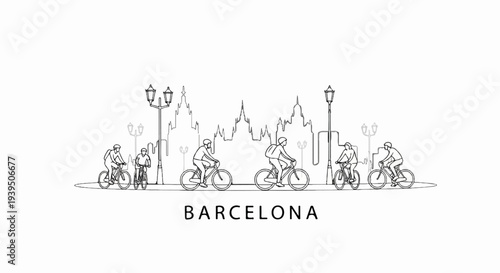 Stylized line art of people cycling with a city skyline and lampposts