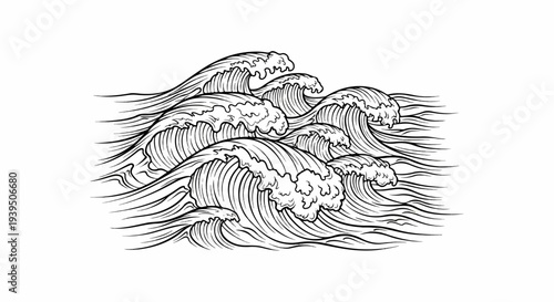 Dynamic ink drawing of ocean waves crashing with stylized foam and lines