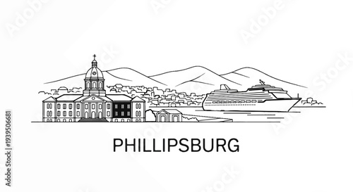 Line art drawing of a waterfront town with a large cruise ship and distant mountains