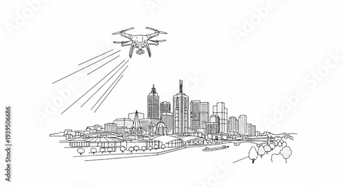 Drone hovers over a city skyline with radiating lines