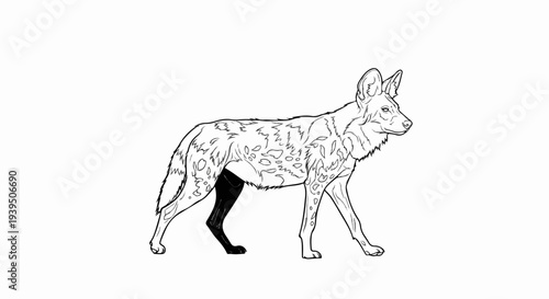 Line art of an African wild dog with a single black hind leg