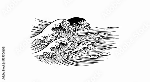 Dynamic black ink illustration of crashing ocean waves with foamy crests
