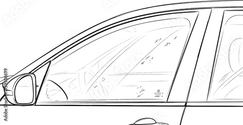 Line art sketch of a car interior and side view, showing windows, steering wheel, and dashboard