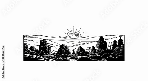 Stylized sunrise over a rugged, rocky landscape with hills and trees