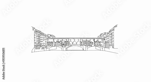 Detailed black and white line drawing of a historic bridge with shops
