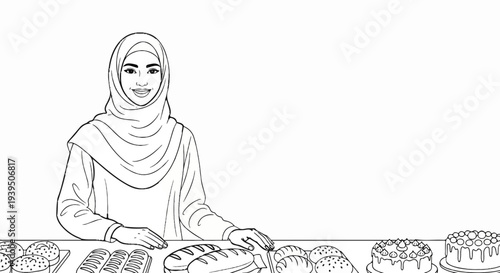 Person in hijab behind a display of baked goods and cakes