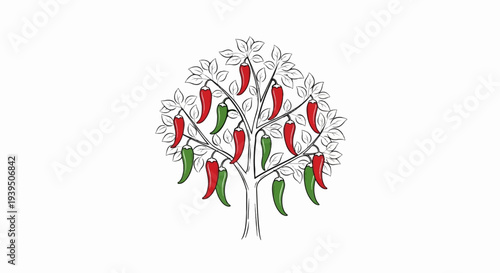 Stylized tree laden with bright red and green chili peppers