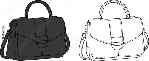 Two handbags with handles and shoulder straps in black and white line purse