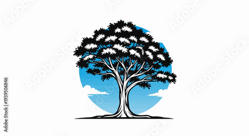 Stylized tree with lush black foliage against a vibrant blue sky