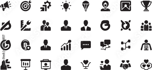 Containing marketing, product, brand value, design, logo, brand development, social media, advertising and loyal customers silhouette icon set