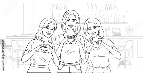 Three smiling women form hearts with their hands in a stylized bar setting